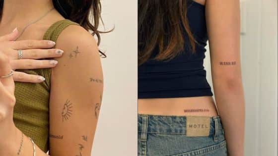 Viewing Deck Blog - 2025-04-26T170517943 Two people with minimalist tattoos on arm and back, displaying text and symbols, wearing casual tops and jeans. | Sky Rye Design Two people with minimalist tattoos on arm and back, displaying text and symbols, wearing casual tops and jeans.