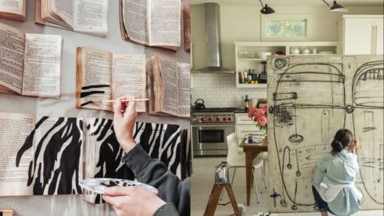 Viewing Deck Blog - 2025-04-26T174056005 Artist painting abstract patterns on book pages; woman creates large artwork in modern kitchen. | Sky Rye Design Artist painting abstract patterns on book pages; woman creates large artwork in modern kitchen.