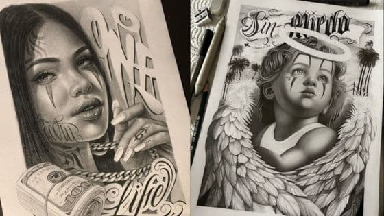 Viewing Deck Blog - 2025-04-28T205541259 Black and white tattoo-style art: woman with tattoos, angelic child with wings, both in detailed pencil sketches. | Sky Rye Design Black and white tattoo-style art: woman with tattoos, angelic child with wings, both in detailed pencil sketches.
