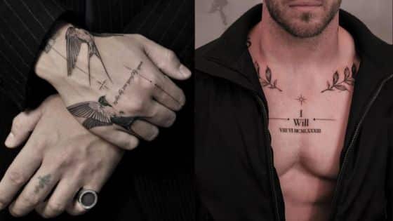 Viewing Deck Blog 22 Hands with bird tattoos and a chest with text and laurel designs, partially covered by a jacket. | Sky Rye Design Hands with bird tattoos and a chest with text and laurel designs, partially covered by a jacket.