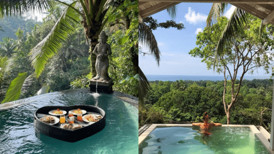 Tropical infinity pool with floating breakfast and scenic forest view, ideal relaxation spot.