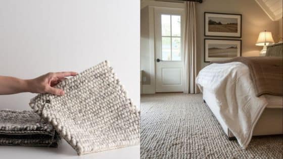 Viewing Deck Blog 23 Hand holding carpet fabric samples next to a cozy bedroom with a textured beige carpet and white bedding. | Sky Rye Design Hand holding carpet fabric samples next to a cozy bedroom with a textured beige carpet and white bedding.