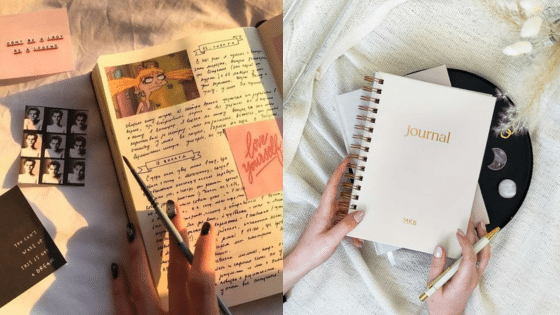 Creative journaling: photo of two open notebooks with handwriting and artwork, and a closed journal on a cozy cloth background.