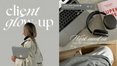 Woman holding laptop with client glow-up text; cozy workspace with laptop, headphones, and music playing.