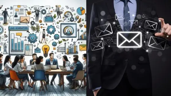 Business meeting generating leads; person in suit interacting with digital email icons.