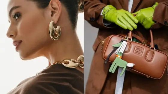 Viewing Deck Blog-4 Woman in gold earrings and necklace; model holding brown handbag with green gloves and charm accessory. | Sky Rye Design Woman in gold earrings and necklace; model holding brown handbag with green gloves and charm accessory.