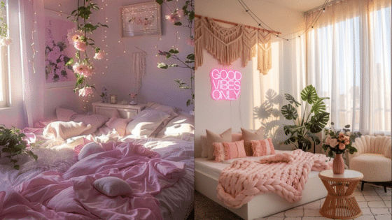 Cozy pink bedroom with plants, soft lighting, and Good Vibes Only neon sign for a warm, inviting atmosphere.