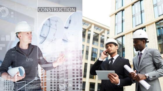 Viewing Deck Blog-4 Construction professionals planning a project on-site with blueprints and digital tablets. | Sky Rye Design Construction professionals planning a project on-site with blueprints and digital tablets.