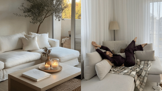 Viewing Deck Blog Stylish living room with cozy white sofas, candles, and a relaxing individual on a sofa, creating a serene atmosphere. | Sky Rye Design Stylish living room with cozy white sofas, candles, and a relaxing individual on a sofa, creating a serene atmosphere.
