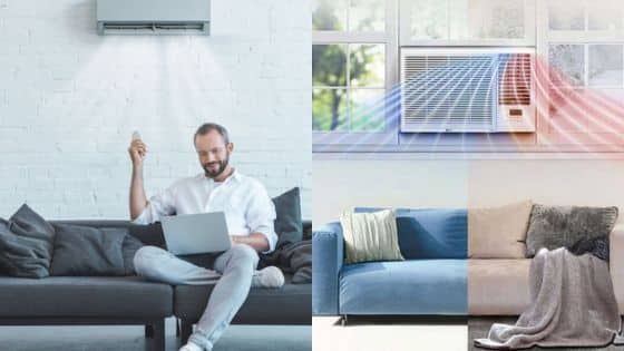 Viewing Deck Blog 5 Man with remote by air conditioner; sofa illustrates efficiency of cooling system indoors. | Sky Rye Design Man with remote by air conditioner; sofa illustrates efficiency of cooling system indoors.