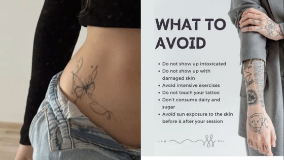 Lower back tattoo design with tattoo aftercare tips on avoiding sun, exercises, and skincare for best results.