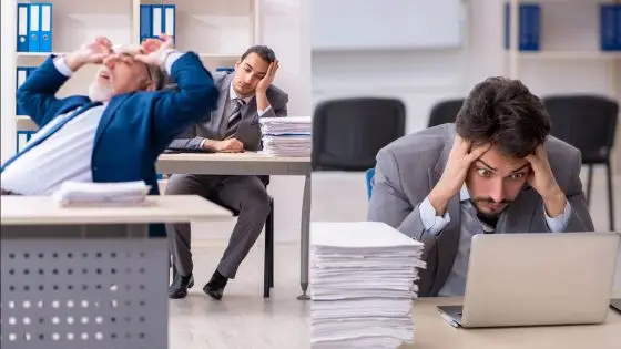 Viewing Deck Blog-5 Two stressed office workers faced with large stacks of paperwork at desks, holding their heads in frustration. | Sky Rye Design Two stressed office workers faced with large stacks of paperwork at desks, holding their heads in frustration.