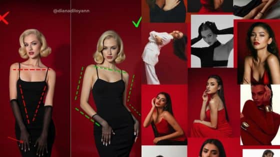 Comparison of black dress styling with visual guides on posing, red background, multiple portraits around.