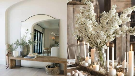 Viewing Deck Blog 5 Elegant home interiors with chic decor: a rustic floral arrangement and a minimalist entryway with a large mirror. | Sky Rye Design Elegant home interiors with chic decor: a rustic floral arrangement and a minimalist entryway with a large mirror.