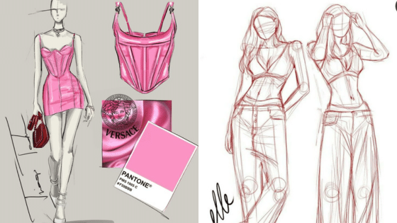 Viewing Deck Blog Fashion sketches featuring pink dresses, a corset, and casual jeans. Includes Pantone colors and Versace details. | Sky Rye Design Fashion sketches featuring pink dresses, a corset, and casual jeans. Includes Pantone colors and Versace details.