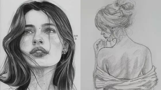 Viewing Deck Blog 58 Two pencil drawings: one of a woman's face with loose hair, and another of a woman from behind, draped in fabric. | Sky Rye Design Two pencil drawings: one of a woman's face with loose hair, and another of a woman from behind, draped in fabric.