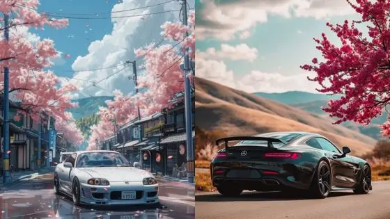 Viewing Deck Blog 59 Sports cars amidst scenic cherry blossoms and mountain backdrop, capturing a blend of nature and automotive beauty. | Sky Rye Design Sports cars amidst scenic cherry blossoms and mountain backdrop, capturing a blend of nature and automotive beauty.