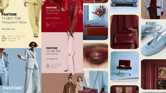 Collage showcasing Pantone colors: yellow, red, blue, pink fashion and interior design elements.