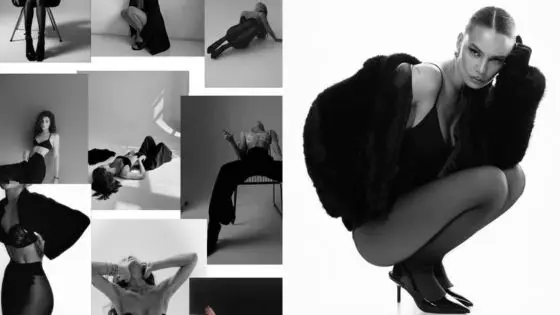 Black and white fashion portraits featuring a model in stylish poses and outfits, showcasing modern elegance and style.