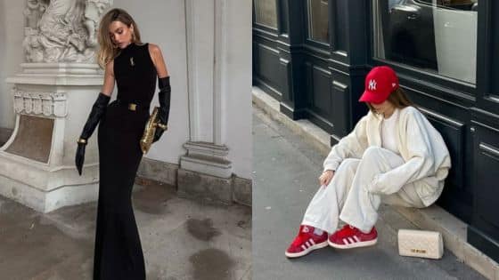 Viewing Deck Blog-6 Elegant black evening dress with gloves and casual streetwear with red sneakers and cap. | Sky Rye Design Elegant black evening dress with gloves and casual streetwear with red sneakers and cap.