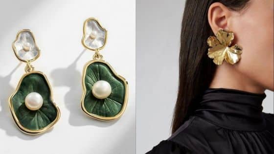 Viewing Deck Blog 6 Green and gold earrings with pearls, alongside a woman wearing floral gold earrings. Trendy fashion jewelry. | Sky Rye Design Green and gold earrings with pearls, alongside a woman wearing floral gold earrings. Trendy fashion jewelry.