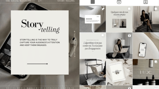 Collage of social media storytelling tips and minimalist design elements for audience engagement.