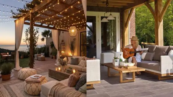 Viewing Deck Blog 6 Cozy outdoor patios with string lights and seating; one at sunset, the other with a musician playing guitar. | Sky Rye Design Cozy outdoor patios with string lights and seating; one at sunset, the other with a musician playing guitar.