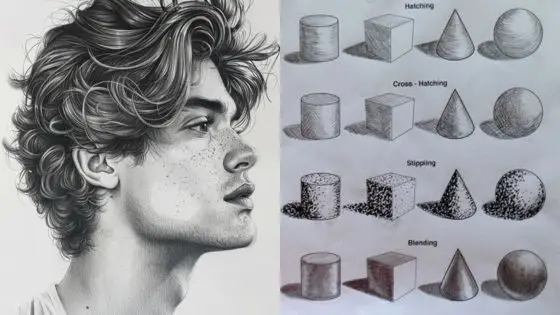 Viewing Deck Blog 61 Pencil drawing of a person's profile with shading techniques: hatching, cross-hatching, stippling, and blending shown. | Sky Rye Design Pencil drawing of a person's profile with shading techniques: hatching, cross-hatching, stippling, and blending shown.