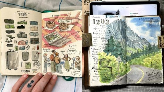 Viewing Deck Blog 67 Illustrated travel journals with sketches of Parisian items and a scenic mountain view on two open pages. | Sky Rye Design Illustrated travel journals with sketches of Parisian items and a scenic mountain view on two open pages.