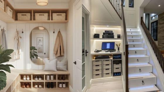 Viewing Deck Blog 68 Modern home entryway and under-stair office with storage, showcasing functional and stylish interior design. | Sky Rye Design Modern home entryway and under-stair office with storage, showcasing functional and stylish interior design.