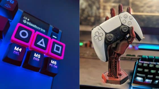 Viewing Deck Blog 69 Gaming setup featuring a SteelSeries keyboard with custom keys and a PS5 controller on a hand-shaped stand. | Sky Rye Design Gaming setup featuring a SteelSeries keyboard with custom keys and a PS5 controller on a hand-shaped stand.