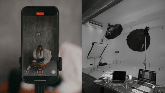 Viewing Deck Blog 7 Smartphone recording in a studio with professional lighting setup and computers on a table. | Sky Rye Design Smartphone recording in a studio with professional lighting setup and computers on a table.