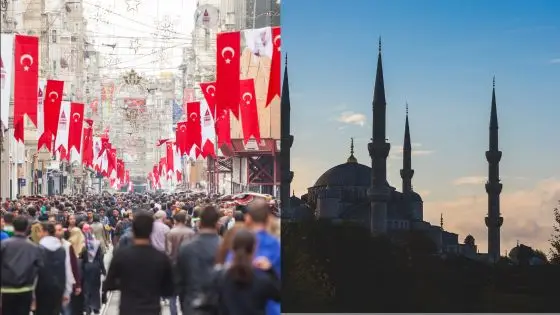 Viewing Deck Blog-7 Crowded Istanbul street with Turkish flags and silhouette of Blue Mosque at sunset. | Sky Rye Design Crowded Istanbul street with Turkish flags and silhouette of Blue Mosque at sunset.