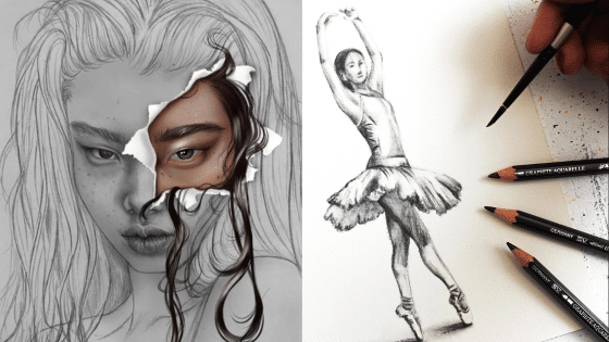 Viewing Deck Blog 7 Artistic sketches: a woman's face breaking through paper and a ballerina drawn with pencils. Creativity in motion. | Sky Rye Design Artistic sketches: a woman's face breaking through paper and a ballerina drawn with pencils. Creativity in motion.