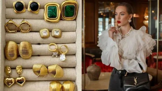 Viewing Deck Blog-7 Collection of vintage gold earrings displayed, with a stylish woman in a ruffled blouse showcasing elegant accessories. | Sky Rye Design Collection of vintage gold earrings displayed, with a stylish woman in a ruffled blouse showcasing elegant accessories.