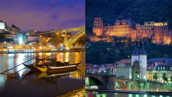 Viewing Deck Blog 7 Scenic night views of a lit bridge over a river with a boat and an illuminated castle on a hillside in Europe. | Sky Rye Design Scenic night views of a lit bridge over a river with a boat and an illuminated castle on a hillside in Europe.