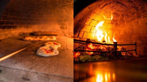 Viewing Deck Blog 7 Pizzas baking in a wood-fired oven with visible flames, creating a traditional Italian cooking atmosphere. | Sky Rye Design Pizzas baking in a wood-fired oven with visible flames, creating a traditional Italian cooking atmosphere.