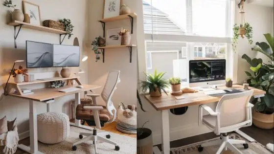 Viewing Deck Blog 71 Stylish ergonomic home office setups with greenery, featuring dual monitors and comfortable chairs by large windows. | Sky Rye Design Stylish ergonomic home office setups with greenery, featuring dual monitors and comfortable chairs by large windows.