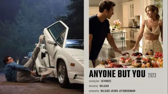 Viewing Deck Blog 72 Movie poster for Anyone But You showing a car scene and two people in a kitchen with desserts. | Sky Rye Design Movie poster for Anyone But You showing a car scene and two people in a kitchen with desserts.