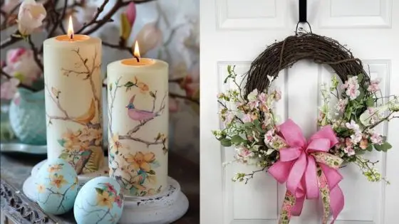 Viewing Deck Blog 74 Bird-themed candles and floral wreath with pink ribbon; perfect spring decor for home elegance and style. | Sky Rye Design Bird-themed candles and floral wreath with pink ribbon; perfect spring decor for home elegance and style.
