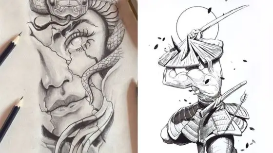 Viewing Deck Blog 77 Pencil sketches: a woman's face with a snake and a samurai in dynamic pose. Detailed art design. | Sky Rye Design Pencil sketches: a woman's face with a snake and a samurai in dynamic pose. Detailed art design.