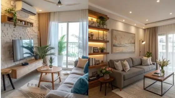 Viewing Deck Blog 78 Modern living room with cozy sofas, wooden furniture, plants, and natural lighting from large windows. | Sky Rye Design Modern living room with cozy sofas, wooden furniture, plants, and natural lighting from large windows.