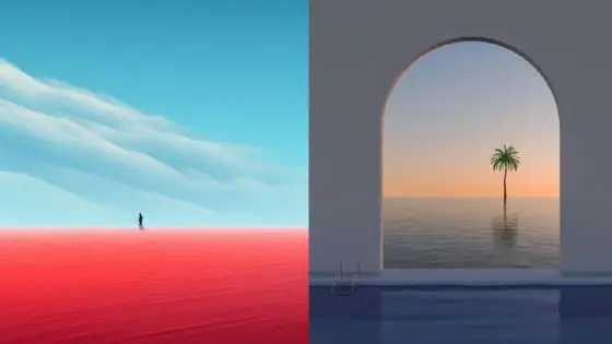 Viewing Deck Blog 79 Surreal landscape with red desert, turquoise sky, and ocean view through archway with palm tree at sunset. | Sky Rye Design Surreal landscape with red desert, turquoise sky, and ocean view through archway with palm tree at sunset.