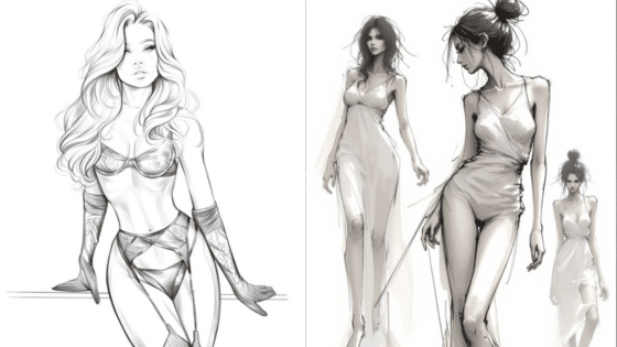 Viewing Deck Blog 8 Fashion illustration of models in black lace lingerie and elegant sheer dresses. Black and white art style. | Sky Rye Design Fashion illustration of models in black lace lingerie and elegant sheer dresses. Black and white art style.