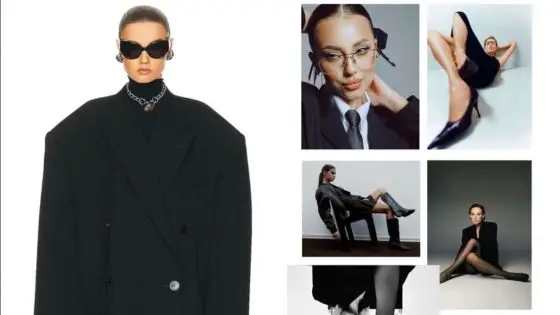 Viewing Deck Blog-8 Fashion model in a black oversized blazer with collaged portraits in various stylish outfits and poses. | Sky Rye Design Fashion model in a black oversized blazer with collaged portraits in various stylish outfits and poses.