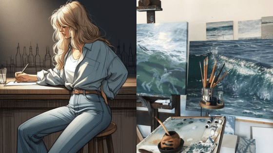 Viewing Deck Blog Woman sketching in a bar; beside ocean-themed paintings in an art studio. | Sky Rye Design Woman sketching in a bar; beside ocean-themed paintings in an art studio.