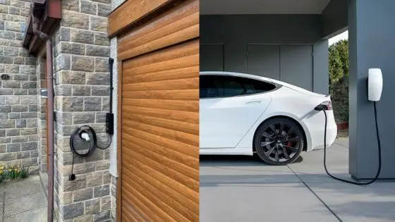 Viewing Deck Blog 80 Electric car charging at home garage with mounted EV charger on brick wall. | Sky Rye Design Electric car charging at home garage with mounted EV charger on brick wall.