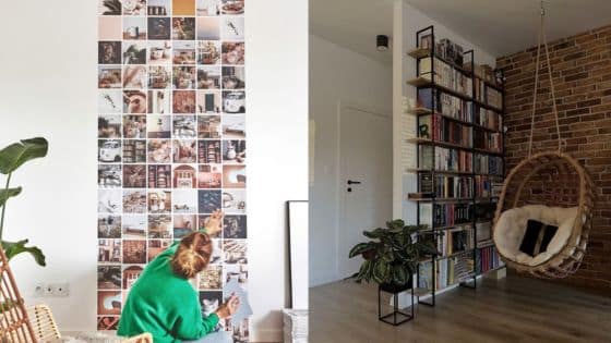 Viewing Deck Blog 82 Cozy living space with photowall collage, hanging chair, bookshelves, and green plants for a relaxing and artistic ambiance. | Sky Rye Design Cozy living space with photowall collage, hanging chair, bookshelves, and green plants for a relaxing and artistic ambiance.