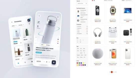 Viewing Deck Blog 83 Mobile and desktop views of an online store showcasing accessories and electronics with prices and color options. | Sky Rye Design Mobile and desktop views of an online store showcasing accessories and electronics with prices and color options.