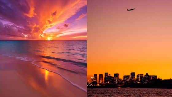 Viewing Deck Blog 86 Vibrant sunset over a serene beach and a city skyline with an airplane in the sky at dusk. | Sky Rye Design Vibrant sunset over a serene beach and a city skyline with an airplane in the sky at dusk.